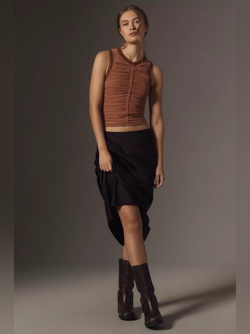 Anthropologie Shirred Mesh Racerback Tank Top brown rust color NWOT size small